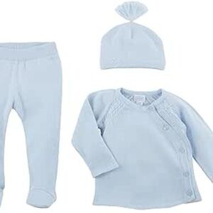 Baby Boy 3-Piece Layette Set 0–3 Months | Blue Footed Pants, Wrap Top & Hat